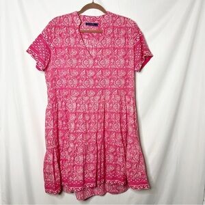 La Plage Cotton V Neck Pink Tropical Print Short Sleeve Dress